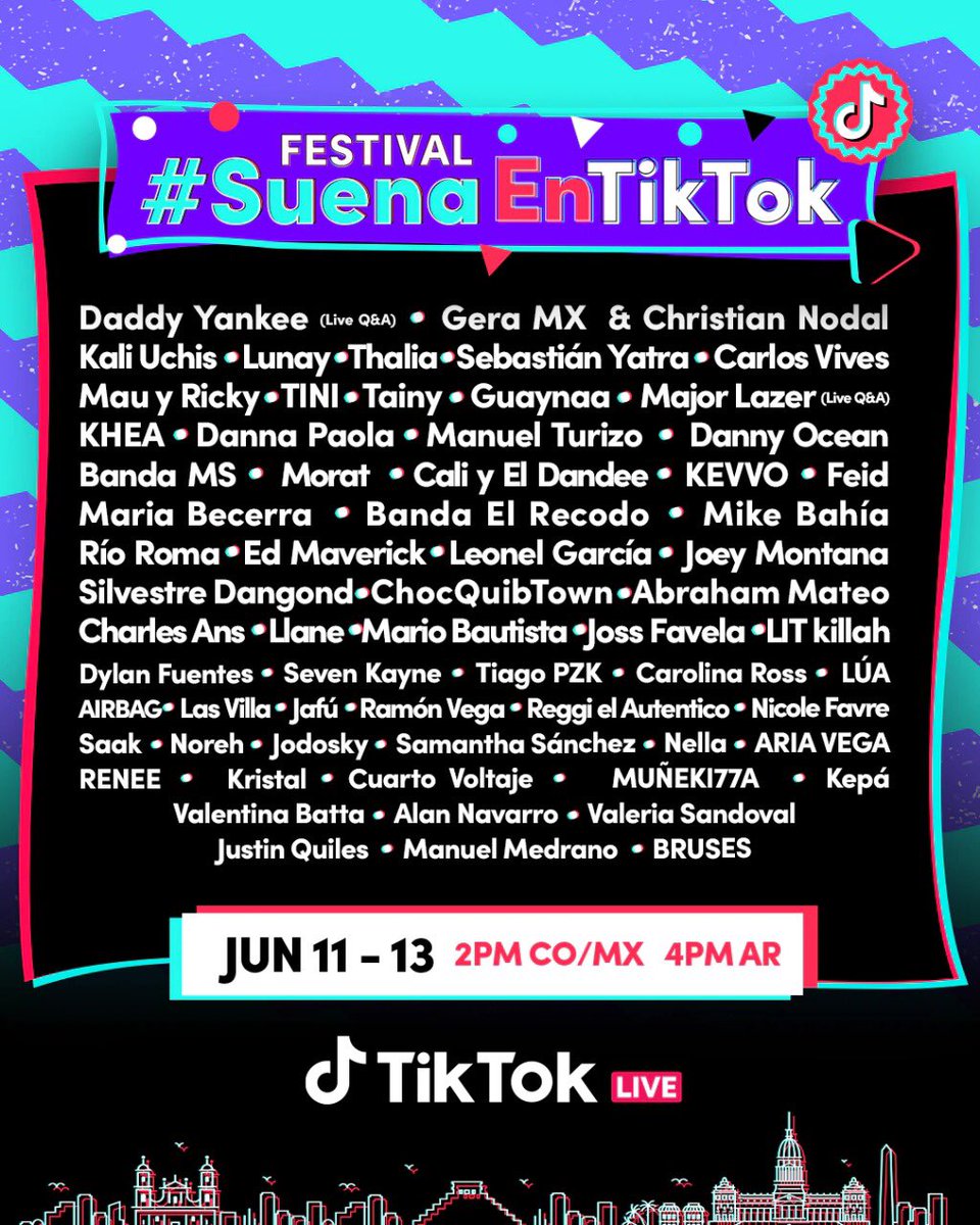 BailoMusicOk's tweet photo. Mañana comienza el festival #SuenaEnTikTok a las 16hs. Argentina 🇦🇷 

Te dejamos el lineup para que estes atento 🤩🎧💃🏼

#lineup #festival #musica #online #tiktok #artistas #streaming #vivo https://t.co/WyFJUTVu2b