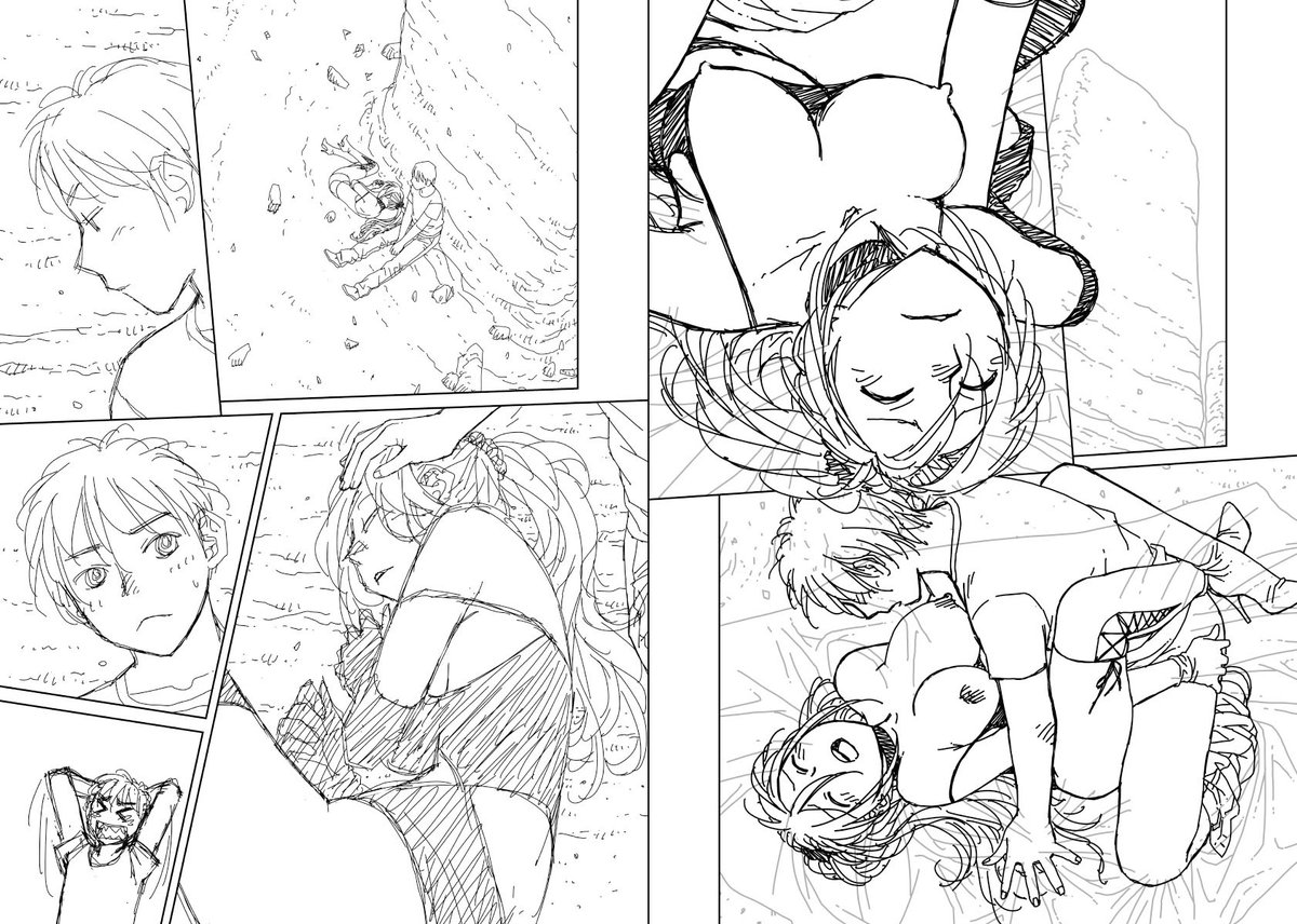 見開き単位で作業してた連載の下描き
台詞フキダシ擬音無しバージョン58↓

アレなシーンがありますがサラッと流してくださいな😅 