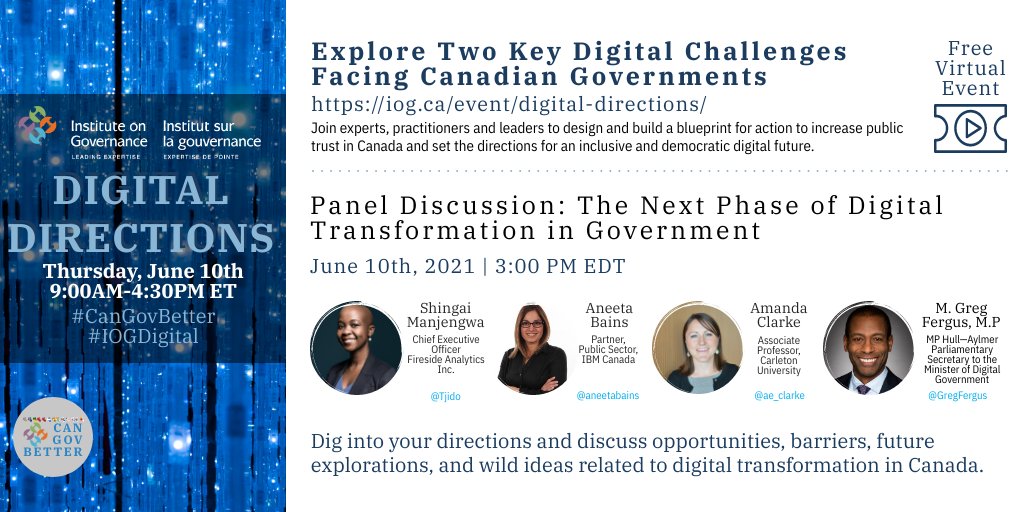IOGca's tweet photo. 🕒Ten minutes from now ⏩ #IOGDigital
Join our panelists @GregFergus, MP & Parliamentary Secretary to the Minister of #DigitalGovernment, @Tjido, @aneetabains, and @ae_clarke, as they dig into your directions and discuss the next phase of #digitaltransformation in government. https://t.co/hDH3SxKE0F