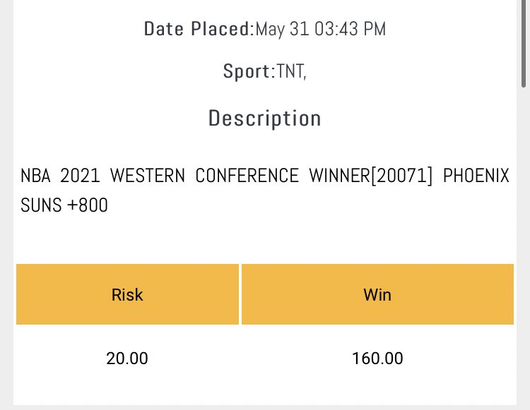 dailysp0rtpicks's tweet photo. I really like PHX to take the western conference title this year. I bought in at +800 last series. https://t.co/LbxYc9WVcS