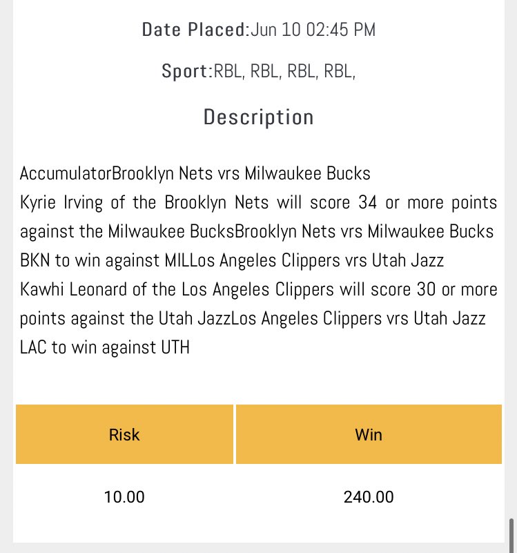 dailysp0rtpicks's tweet photo. Here’s another great parlay tonight:

- Kyrie 34+ pts. 
- BKN to win
- Kawhi 30+ pts. 
- LAC to win https://t.co/bAq06Bc3kg