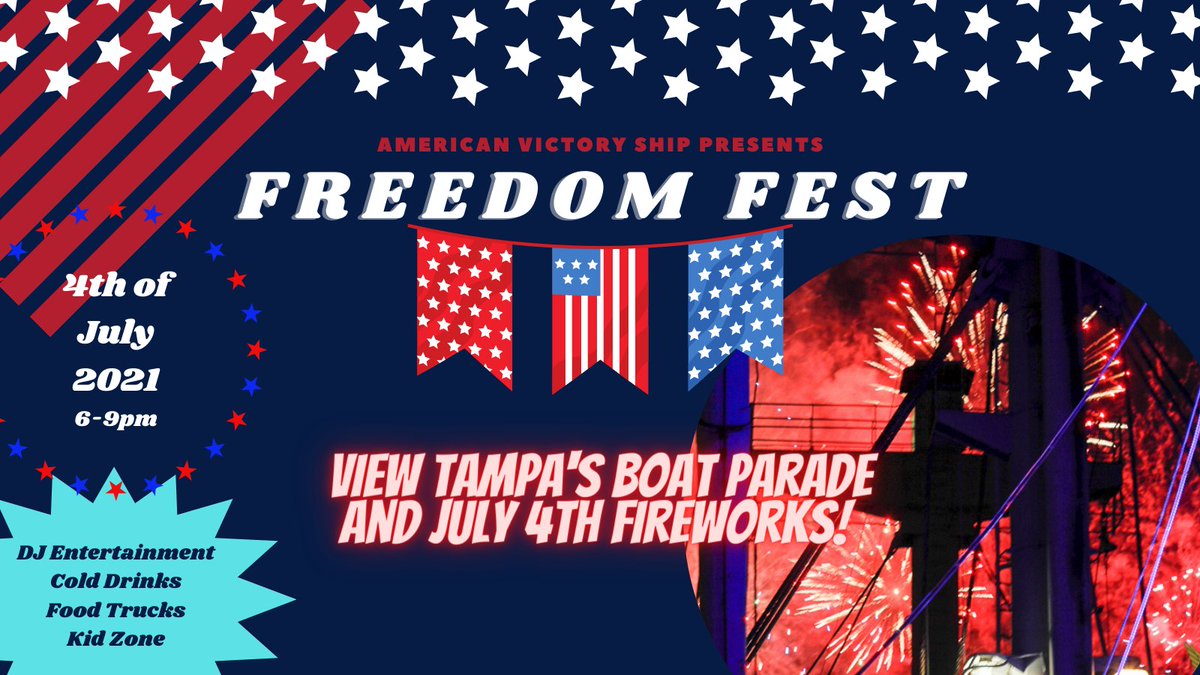 🇺🇸 Celebrate America’s birthday aboard Tampa’s #1 patriotic attraction, the WWII American Victory Ship! Freedom Fest will provide attendees with a star-spangled view of Tampa’s Boom by the Bay Fireworks AND July 4th Boat Parade.
⚓ bit.ly/3gapFV1