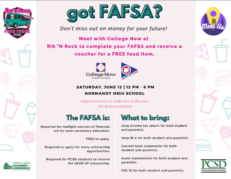 GearUp_Parma's tweet photo. Do you need to complete financial aid? Join College Now at the RibNRock Saturday from 11 to 6 @ Normandy High. Advisors will assist you in accessing funds for your future. Register at https://t.co/ULRKHmg1WQ or just walk up. $10 voucher for food item for those who meet. https://t.co/wwef7DTlf9