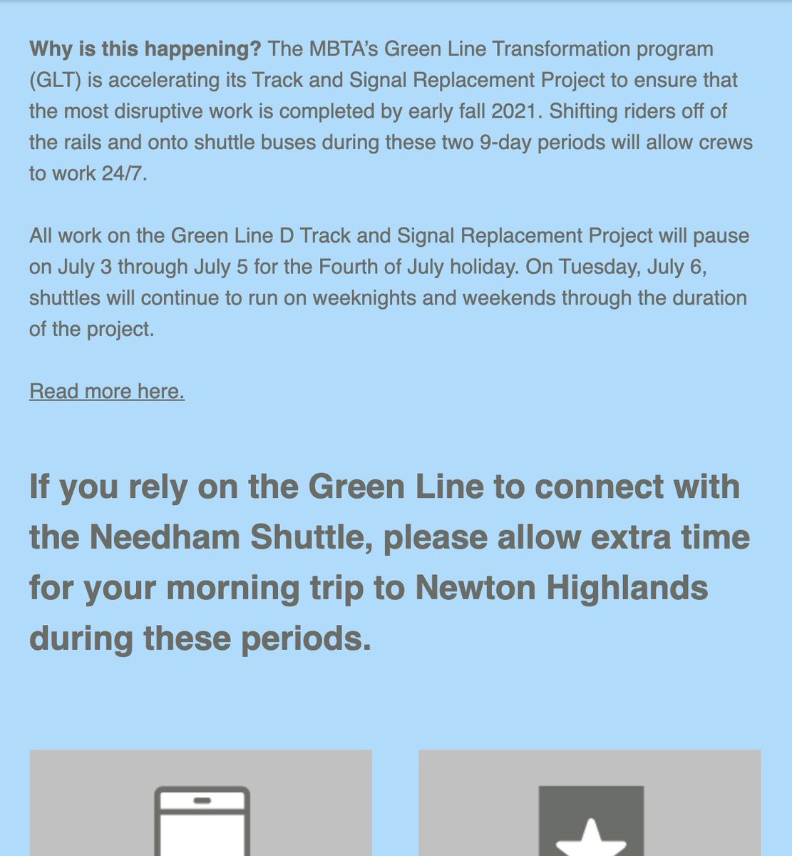 UnlockTheGrid's tweet photo. REMINDER for #NeedhamShuttle riders:
If you rely on the #MBTA #GreenLine to connect with the shuttle, please allow extra time for your A.M. trip to #NewtonHighlands TOMORROW 6/24 - 7/2. Train service will be shifted to shuttle buses.
Read more: https://t.co/ohGNcrDaGU https://t.co/d4CJoTUA0Q