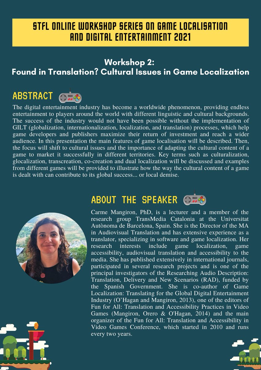 lokamitrahk's tweet image. STFL Online Workshop Series on #GameLocalisation and #DigitalEntertainment 2021

Found in Translation? Cultural Issues in Game Localization - by Carme Mangiron

Registration: bit.ly/2RhFb7Y

@UABBarcelona @IGDA #Translation #l10n #AI #Tech #gamedev #DigitalMarketing