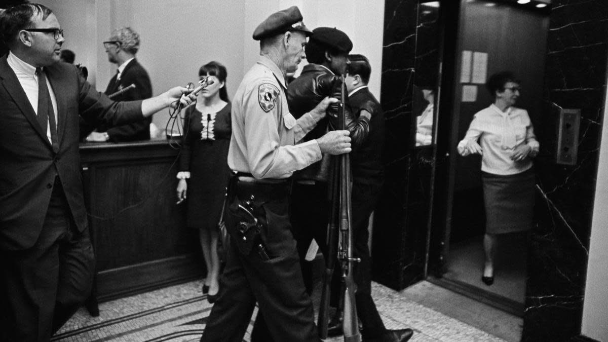 LatinoRifleOrg's tweet photo. Governor Newsom just said the “modern gun safety movement” started in California with the passage of the Mulford Act. 

No, @GavinNewsom , the Mulford Act wasn’t about safety, it was about depriving Black activists of their 2nd Amendment rights to self-defense. https://t.co/D5gGH32aQx