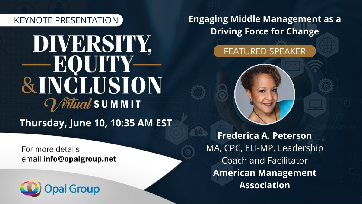 ChiribogaA's tweet photo. Great discussion from Frederica Peterson, M.A., CPC with the American Management Association on eliminating biases and engaging middle management to create a positive change.
#diversity #equity #inclusion #opalgroup https://t.co/MwrrOvDog5