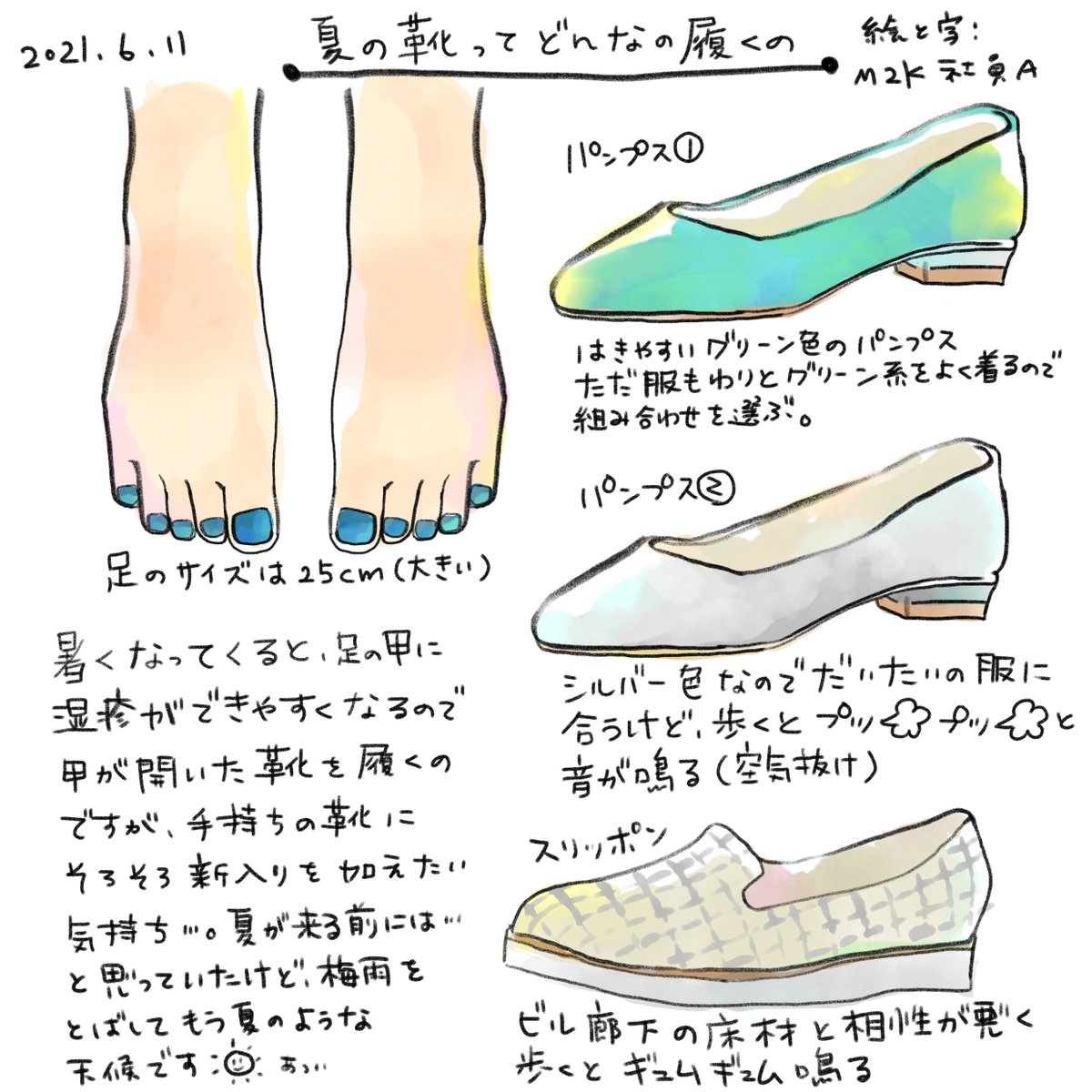 M2k社員ときどき代表 ゲムマ秋 ソ04 おはようございます 今日の絵日記は靴についてです 夏は足の甲に湿疹 ができやすいため 甲の開いた靴しか基本的に履きません 雨の日以外 プライベートでは ほぼtevaのスポーツサンダルで過ごしています
