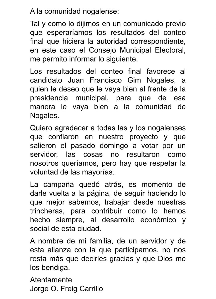 Agradezco a las y los nogalenses que salieron a votar, las cosas no resultaron como nosotros queríamos, respetamos la voluntad de las mayorías. Seguiremos haciendo lo que mejor sabemos, trabajar desde nuestras trincheras, en apoyo al  desarrollo económico y social de esta ciudad.