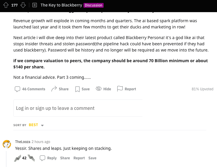 #Reddit Gold: 
Blackberry has integrated artificial intelligence into all their products. If we compare valuation to peers, #BlackBerry should be around 70 Billion, #blackberrystock $140 per $BB share. 
Link mentioned: blackberry.com/us/en/company/…