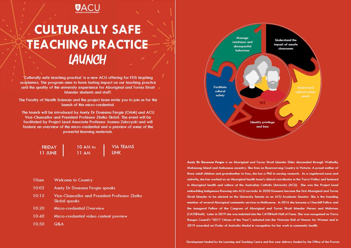 acualliedhealth's tweet photo. Fantastic to see work from the SoAH turning into a reality with the launch today of the Culturally Safe Teaching Practice micro- credential training module for #ACU @ACUmedia 
@SuzanneKuys @DiJacobs2311 @ElspethFroude1 https://t.co/2n3rhf94tQ