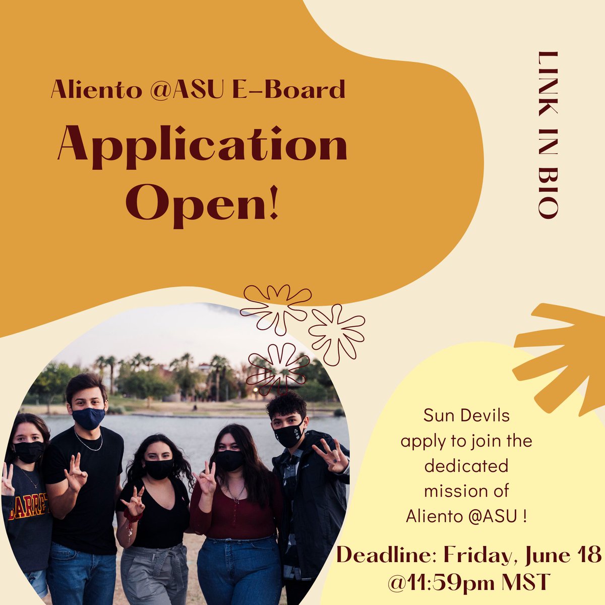 AlientoAZ's tweet photo. ATTENTION #SUNDEVILS! The @alientoasu Executive Board Application is open for the 2021-2022 academic year! They are looking for driven students to join a team dedicated to the Aliento @ASU mission!

Application: https://t.co/qz6QzizIfW

DEADLINE: Fri. Jun 18 at 11:59pm MST https://t.co/TAK02Ag3do