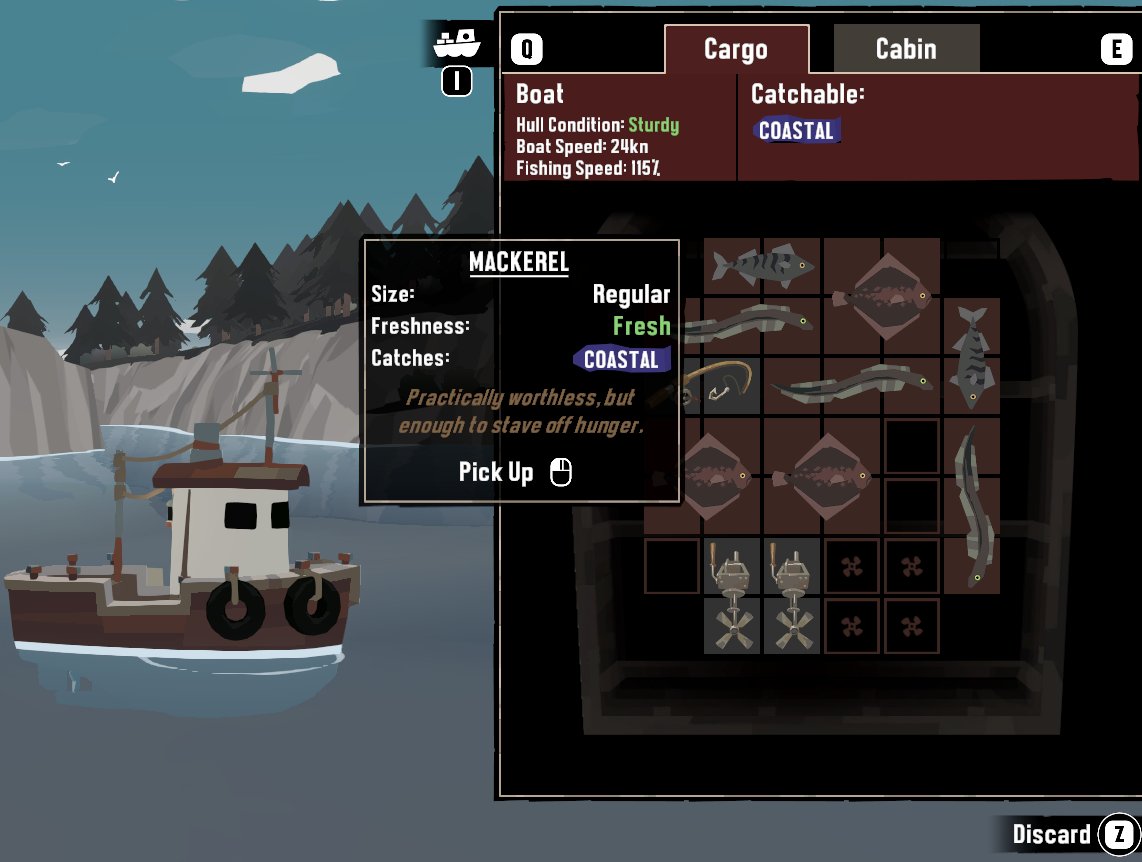 Added item descriptions yesterday. 

I was accidentally really disdainful of some of these poor fish. 🐟

#DredgeGame #indiedev #gamedev
