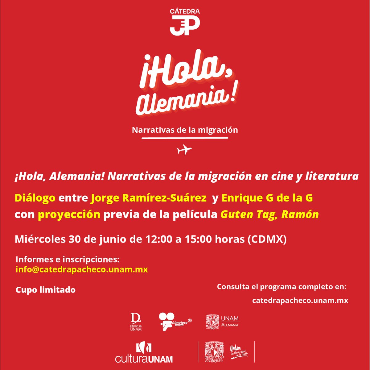 Los invito a participar en el ciclo de letras y cine "¡Hola, Alemania! Narrativas de la migración" con @AntonioOrtugno, <a href="/AlbertoVill/">Alberto Villarreal</a> y <a href="/ramsua/">Jorge Ramirez-Suarez</a>.

Gratis, en línea y previo registro.

En colaboración con <a href="/universoUNAM/">💬 Universo de Letras/ #Cátedra Pacheco 📖</a>, <a href="/CulturaUNAM/">CulturaUNAM</a>, #CátedraPacheco, <a href="/UNAMAlemania/">UNAM-Alemania</a> y <a href="/FilmotecaUNAM/">Filmoteca UNAM</a>.