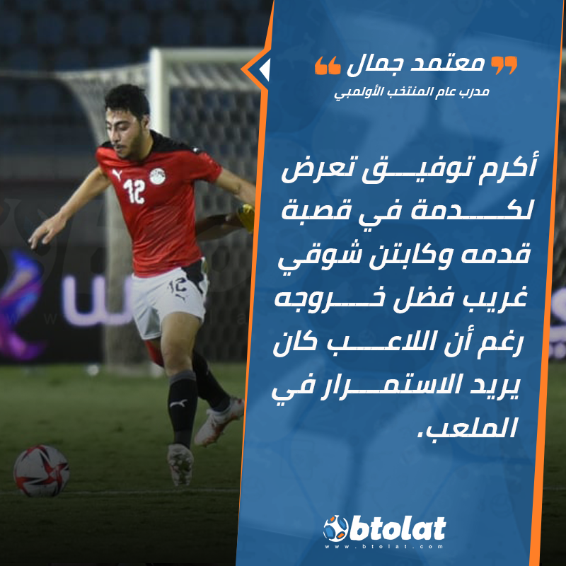 Ù…ÙˆÙ‚Ø¹ Ø¨Ø·ÙˆÙ„Ø§Øª Ù…Ø¹ØªÙ…Ø¯ Ø¬Ù…Ø§Ù„ ÙŠØ·Ù…Ø¦Ù† Ø§Ù„Ø¬Ù…Ø§Ù‡ÙŠØ± Ø¹Ù„Ù‰ Ø¥ØµØ§Ø¨Ø© Ø£ÙƒØ±Ù… ØªÙˆÙÙŠÙ‚ Ø£ÙƒØ±Ù… ØªØ¹Ø±Ø¶ Ù„ÙƒØ¯Ù…Ø© ÙÙŠ Ù‚ØµØ¨Ø© Ù‚Ø¯Ù…Ù‡ ÙˆÙƒØ§Ø¨ØªÙ† Ø´ÙˆÙ‚ÙŠ ØºØ±ÙŠØ¨ ÙØ¶Ù„ Ø®Ø±ÙˆØ¬Ù‡ Ø±ØºÙ… Ø£Ù† Ø§Ù„Ù„Ø§Ø¹Ø¨ ÙƒØ§Ù† ÙŠØ±ÙŠØ¯ Ø§Ù„Ø§Ø³ØªÙ…Ø±Ø§Ø± ÙÙŠ Ø§Ù„Ù…Ù„Ø¹Ø¨