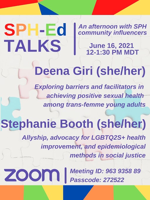 UAlbertaSPH's tweet image. Announcing the next SPH-Ed Talk on June 16th at noon MT, featuring the SPH EDI Action Group and alumni for a Community Influencers Series in honour of Pride Month. This SPH-Ed Talk is open to everyone and all are welcome. 
bit.ly/3cAXA70 #ualberta @UAlberta_SPHSA