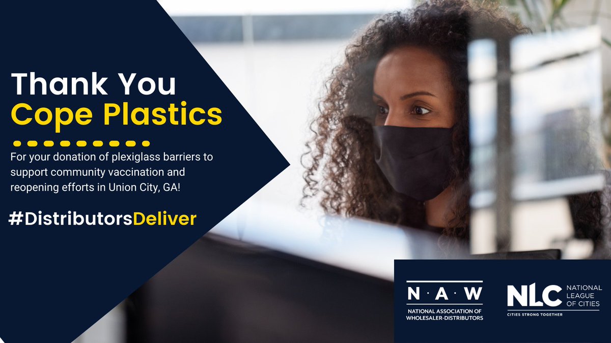 NAWorg's tweet photo. @CopePlastics Thank You for Your Donation of Plexiglass Barriers to Support Community Vaccination &amp; Reopening Efforts in @UnionCityGov! Learn More About the @NAWorg &amp; @leagueofcities Partnership to Reopen Communities >>https://t.co/usOv0hX5OL #DistributorsDeliver https://t.co/6GsTL81oWw