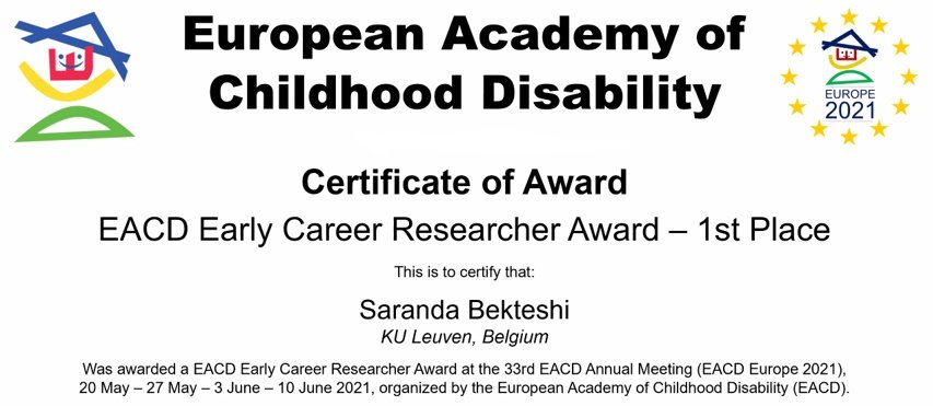 Then this happened! Wow!!

Recipient of the Early Career Researcher Award - 1st Place at the @EACD_2021! Beyond honored and humbled by this recognition.

Cheers to continuous contributions in the field of childhood disability. #TogetherStronger 
 
#EACD #earlyCareerResearcher