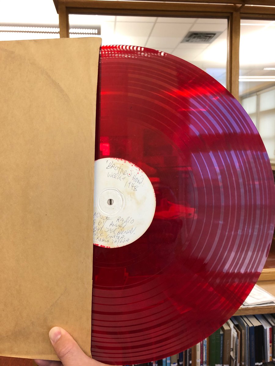 queensarchives's tweet photo. For #RecordStoreDay we want to share this red 16" translucent #LPRecord. This 1948 #recording of Brotherhood Week #radio promos was likely deposited by @CFRC or @CKWS_TV. #BrotherhoodWeek began in 1936 w/ the goals of fighting bigotry, racism and injustice.#JackBenny #EddieCantor https://t.co/dZBWXUbO2K