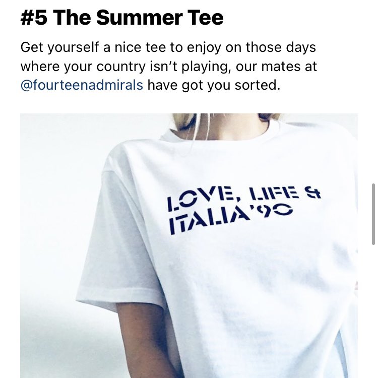 Summer lovin’ and respect to @EscapismoMag for including our PULA tee in their summer / Euros must haves.

We admire their taste.

14A Pula tee available at fourteenadmirals.com

🏴󠁧󠁢󠁥󠁮󠁧󠁿🇮🇹

#fourteenadmirals #italia90 @90sfootball @1990worldcup #lovelifeanditalia90