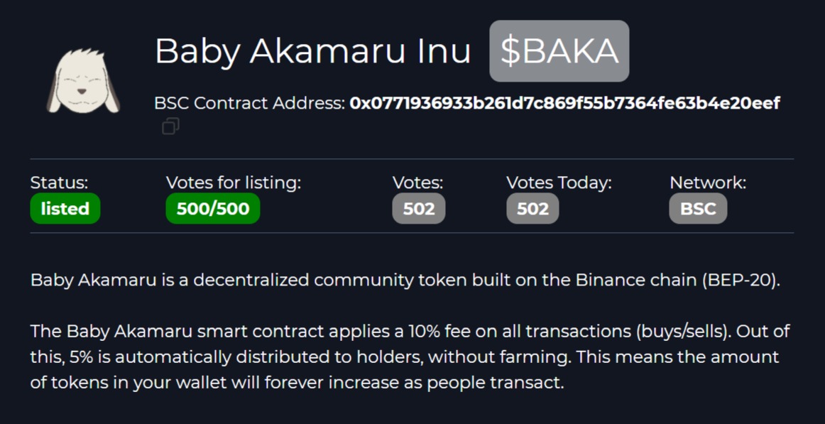 AkamaruinuToken's tweet photo. 📢Dear Baby Akamaru Inu Community

We reached our goal and got listed on @coinsniper_net. 

Thank you all for your support to get us listed!

Please, continue to vote for $BAKA to increase our rank!

#BAKA #token #tending #cryptocurrency #BNB #DeFi #Binance #BinanceSmartChain https://t.co/WZ4roaTfvp