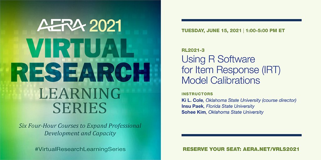 AERA_EdResearch's tweet image. Join us tomorrow for &quot;Using R Software for Item Response (IRT) Model Calibrations,&quot; the third course in the AERA 2021 #VirtualResearchLearningSeries. Learn more/register: aera.net/Professional-O…