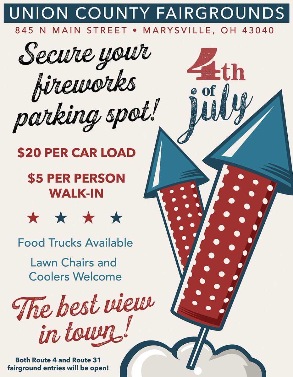 UnionCoFairOH's tweet photo. Bring your lawn chairs and coolers for a front row seat to the best fireworks display in town. See you on the 4th of July! https://t.co/hut4ojyaFx