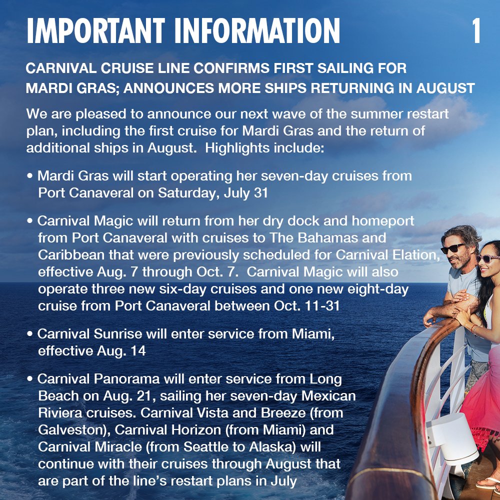 CarnivalCruise's tweet photo. Important update regarding our restart plan from select U.S. ports and Mardi Gras news. #ChooseFun #CarnivalCruise https://t.co/zc5N9OoZUR
