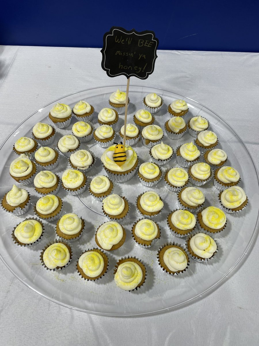 Celebrating the retirement of Mrs. DeGan and Ms. Stevens with a little help from Mrs. Fleck’s cupcakes 🐝 #wewillmissyou #203unites