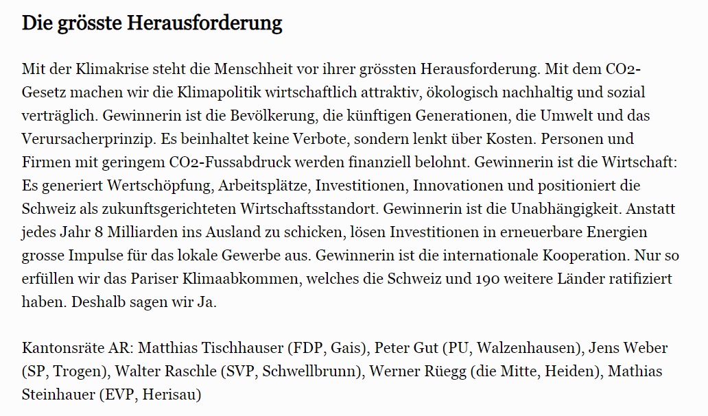 RalphLehner's tweet photo. Beeindruckend, dass im Kanton @AppAusserrhoden Kantonsräte aus allen (!) Parteien einen gemeinsamen Leserbrief verfassen zu einer umstrittenen nationalen Abstimmung. Spricht eindeutig für ein Ja zum CO2-Gesetz. @JaCO2Gesetz https://t.co/9qdiXqAlMF