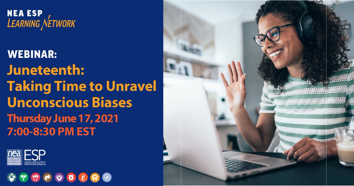 NEAToday's tweet photo. In our upcoming #Juneteeth webinar, education support professionals and other educators will learn how to:
💭 unravel unconscious biases
🔎 identify microaggressions
❌ eliminate discriminatory behaviors 

Register at https://t.co/KhKj3c2G5Y https://t.co/EMEscnA5L6