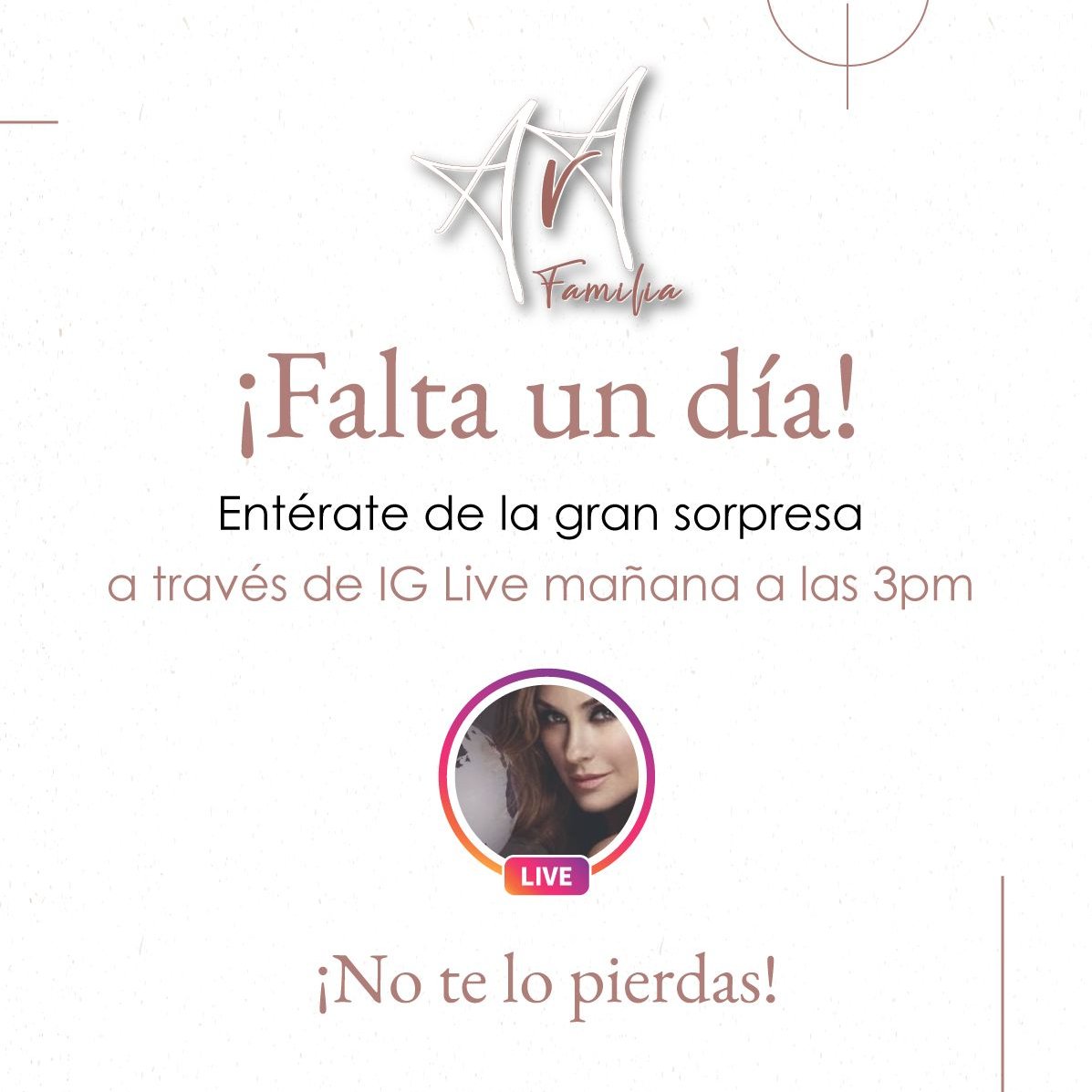 aracelyarambula's tweet photo. #ArAfamilia hermosa 😘😘 ya solo ¡¡¡falta un día!!! ⏰⏰

Les revelaré una gran sorpresa 🎊🎊 y no hay mejor forma de hacerlo que a través de un Live. 📲📲📲

Así que nos vemos mañana a las 3pm!!. L@s amo ❤️❤️🙏🙏���✨

#miarafamiliabella #ArAmundo #instagram #sorpresa https://t.co/EyYN4KzsqZ