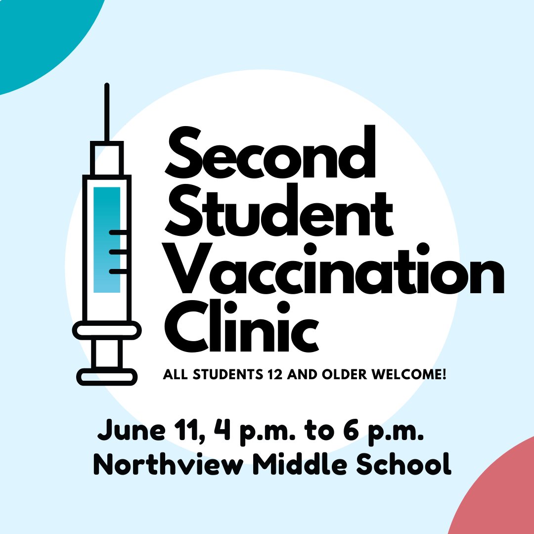 Ankeny Schools will hold a 2nd student COVID-19 vaccination clinic TOMORROW. Details ⬇ 📅 TOMORROW, June 11, 2021 📍 Northview Middle School Cafeteria ⌚ 4 p.m. to 6 p.m. ❓ Students receiving their 2nd vaccine dose AND students who have not yet received their 1st vaccine dose.