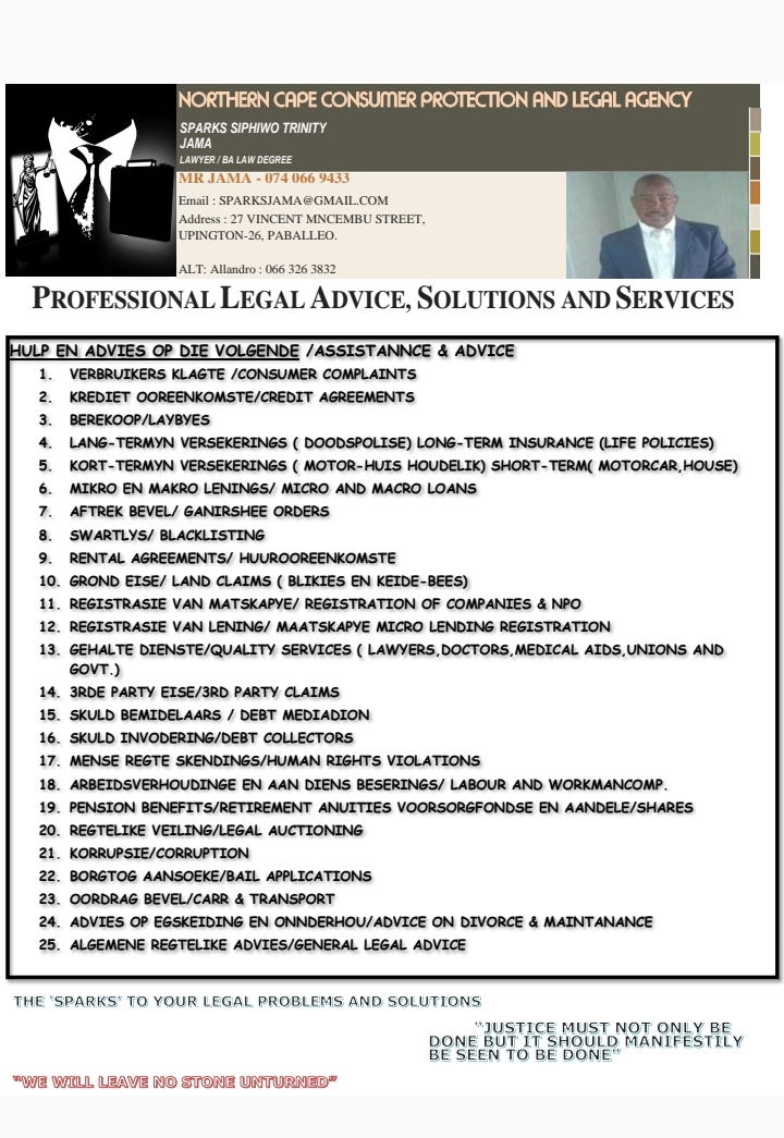 Your lawyer of more than 10 years experience in legal services, here to protect you against legal issues at comfortable costs. 
Contact: Sparks Jama 074 066 9433
alt- 066 326 3832