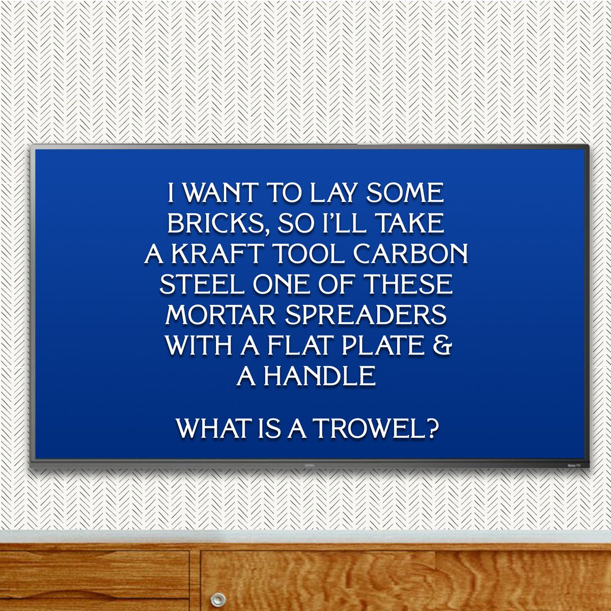 KraftTool's tweet photo. Last Thursday, we were featured on @Jeopardy by @missmayim as the $600 "I'd like to buy" question!

Stay tuned! Tomorrow through Sunday, we’ll post a question you can answer for a chance to win a Kraft Tool Concrete Trowel and Magnesium Hand Float!

#MadeintheUSA https://t.co/S0tJWX3rIF