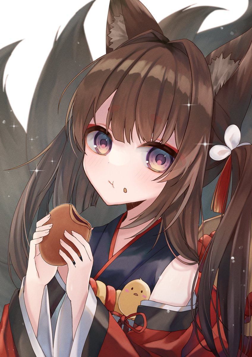 manjuu (azur lane) 1girl animal ears japanese clothes multiple tails tail fox ears food  illustration images