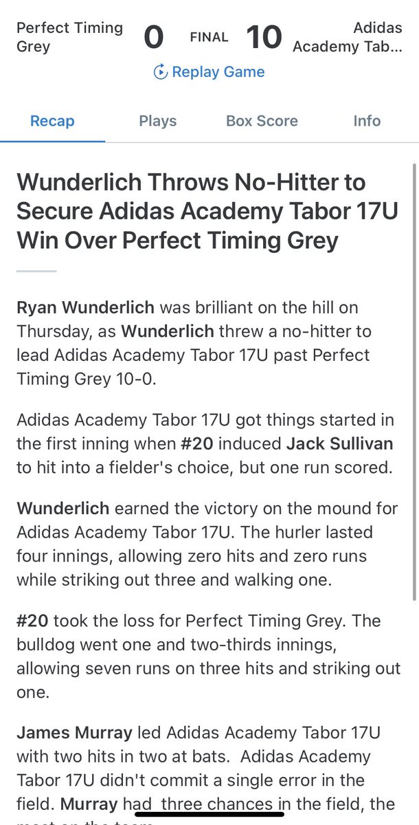 RyanCWunderlich's tweet photo. First Game at Creekside threw a no hitter in 4 innings with 44 Pitches.

-Season Stats Pitching-
IP - 13
GP - 3 GS - 3
# of pitches - 204
6 Hits against me
ERA - 1.615
WHIP - .846
BAA - .130
Fastball - Top 87
Slider- 76
Change up - 74 https://t.co/IfVLzh3t3r