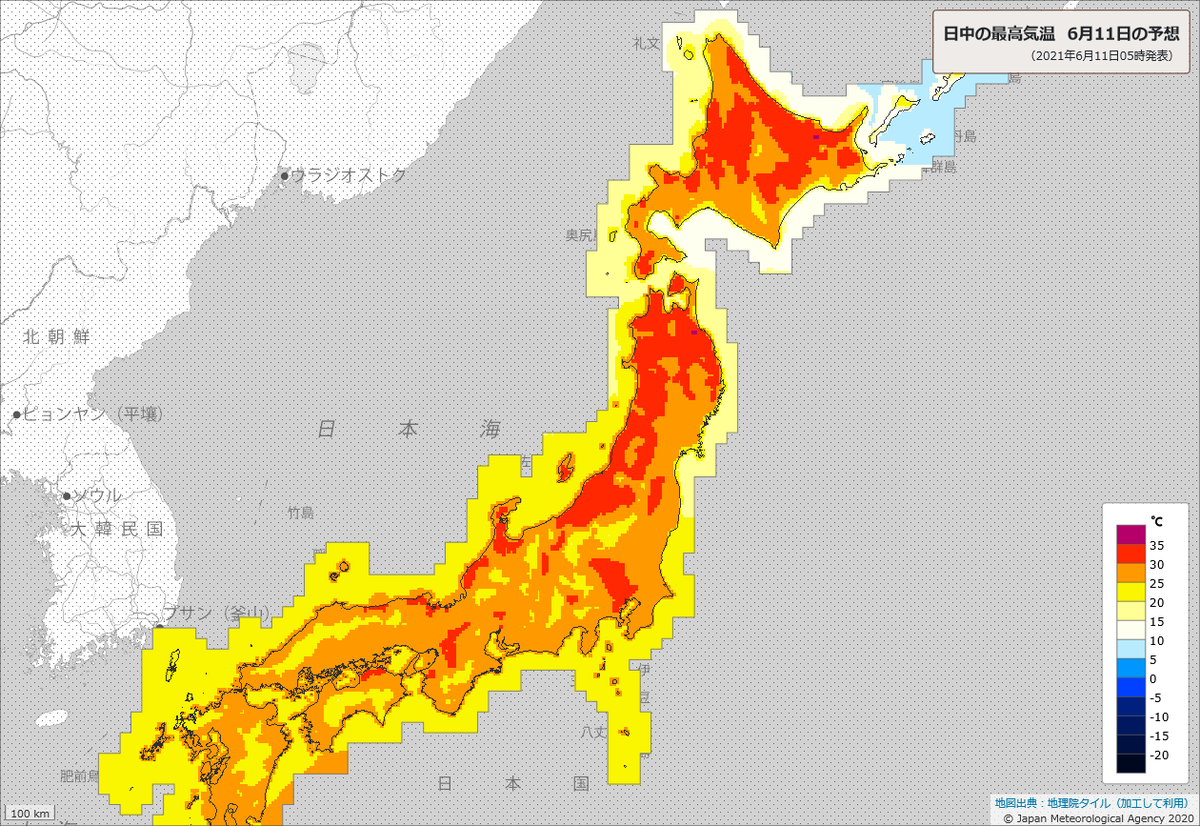 荒木健太郎 すごく暑くなります 今日11日の最高気温は弘前 横手34 北見 山形 若松 長岡33 旭川 福島32 札幌 帯広 盛岡 熊谷 甲府 長野31 東京都心 八戸 秋田30 と北 東日本中心に真夏日予報です 北日本では最高気温35 以上の猛暑日