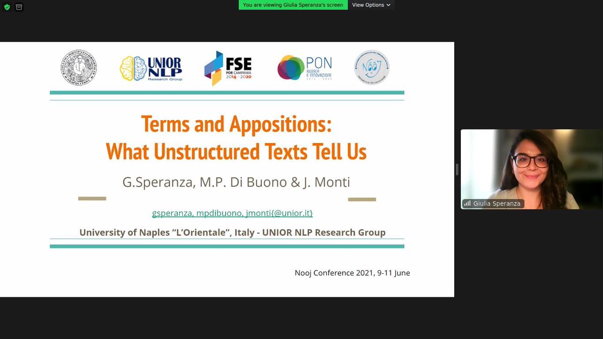Presenting our study on terminology discovery hinging on semi-fixed appositive structures. @NoojConference2021 #NLProc  #DigitalHumanities <a href="/selena245/">Johanna Monti</a> <a href="/GiuliaSperanza4/">Giulia Speranza</a> <a href="/desertiedemoni/">Maria Pia di Buono</a> <a href="/UniOrientale/">Università di Napoli L'Orientale</a>