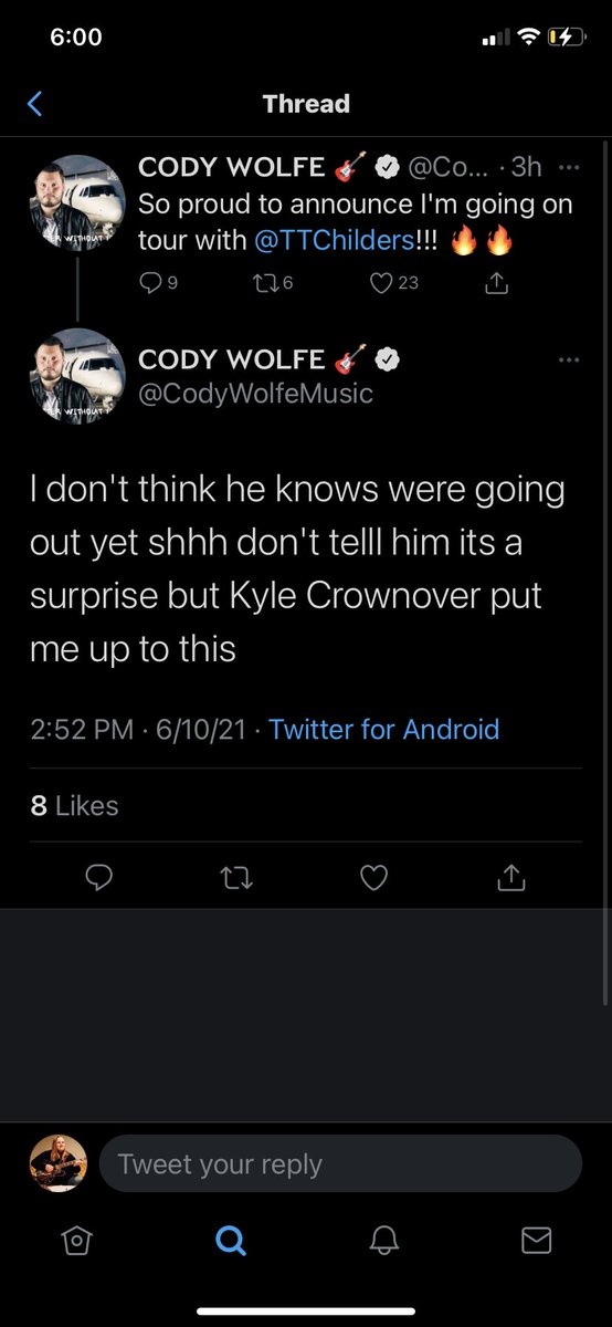 Wow so <a href="/CodyWolfeMusic/">Cody Wolfe 🎸</a> blocks my personal account, and then announces he’s going on tour with tyler? I can confirm that just like everything he’s ever posted, this is completely fake ass bullshit.