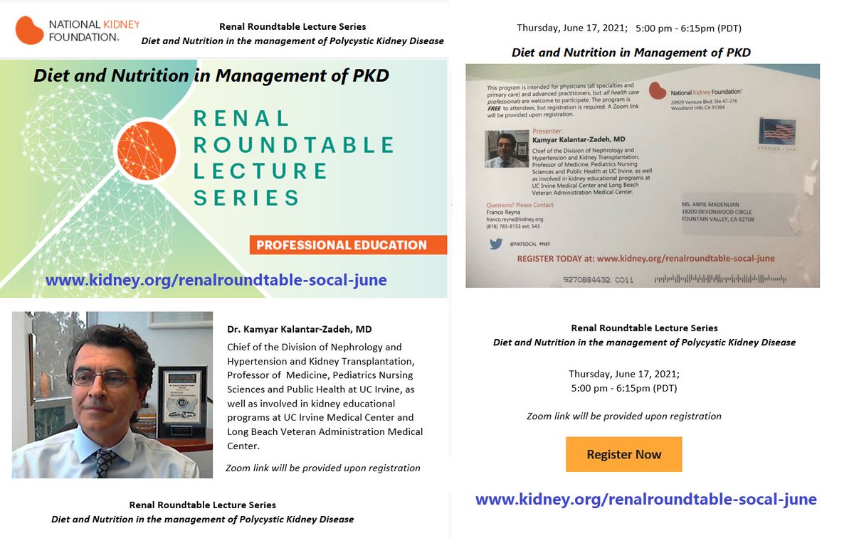 Renal Roundtable Lecture Series
Diet and Nutrition in the management of Polycystic Kidney Disease
Thursday June 17 @ 5-6:15pm PT 
Register kidney.org/renalroundtabl… 
#PKD #Renal #RenalRoundTable #Diet 
<a href="/NKFSoCal/">NKFSoCal&NV</a> <a href="/RSNhope/">KidneyTalk®</a> <a href="/PKD_Int/">PKD International</a> <a href="/PKDFoundation/">PKD Foundation</a> @bda_renal <a href="/RenalRDNs/">Renal Dietitians-RPG</a> <a href="/ISRNM_Social/">Int'l Society of Renal Nutrition and Metabolism</a>