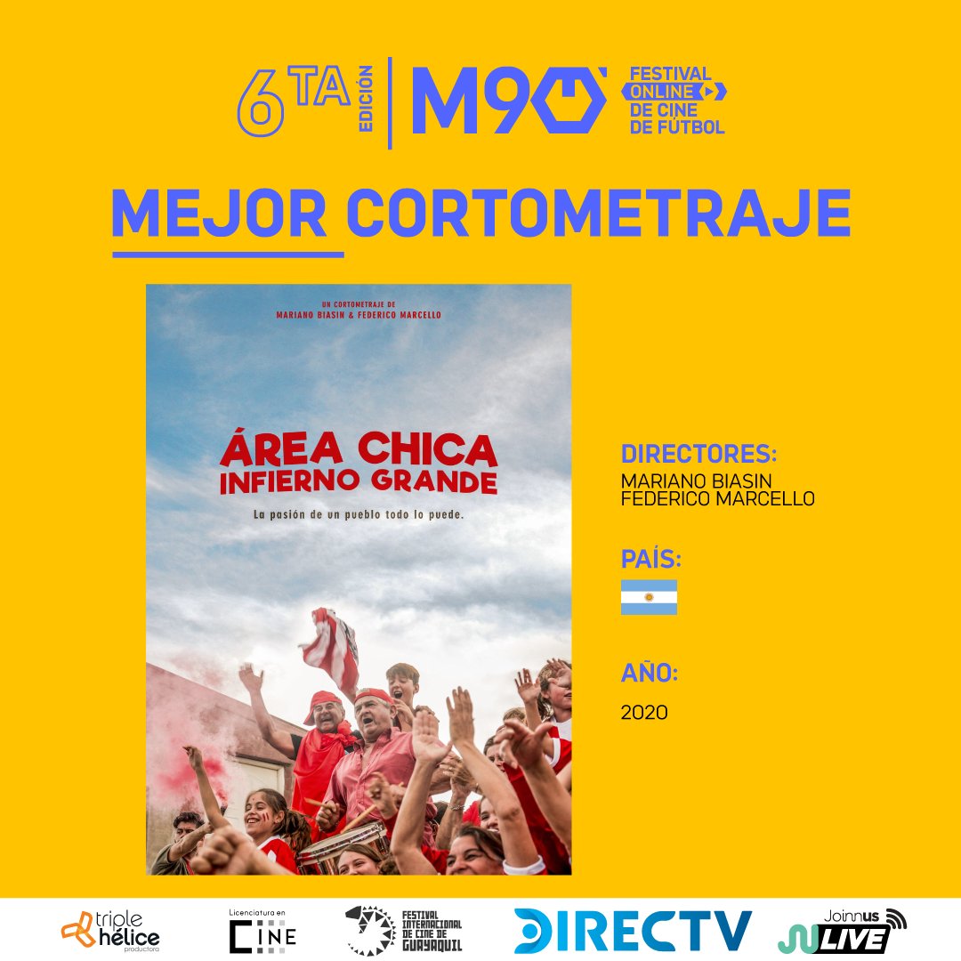 minuto90fest's tweet photo. ¡Los jurados decidieron! ¡Argentina se hace presente! El filme Área chica, Infierno grande' 🇦🇷 quedó ganador como mejor #cortometraje.

Felicitaciones a los directores #MarianoBiasin &amp; #FedericoMarcello

Agradecemos a los cortos que participaron en la 6° edición de @minuto90fest https://t.co/FWuApx6edL
