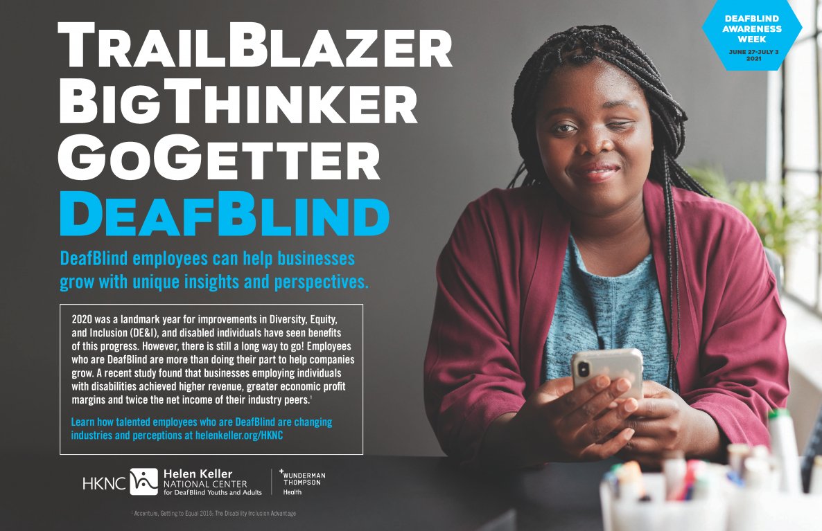 DeafBlind Awareness Week starts June 27, led by The Hellen Keller National Center for DeafBlind Youth and Adults. This year's focus is on how DeafBlind employees' unique insights and perspectives can help businesses grow. Check out helenkeller.org/hknc/dbaw for more info!