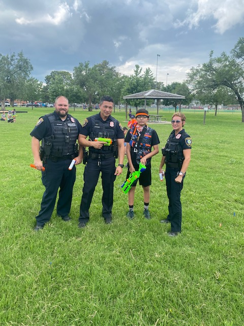 normanokpd's tweet photo. A recent call for someone to take part in a Nerf battle with a 13-year-old citizen was posted to social media.
Several NPD officers were happy to answer the call alongside some other community members. #NPDCommunity https://t.co/sTtpCv7R97