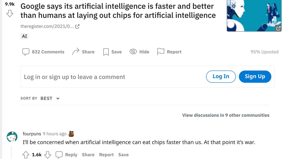 Azaliamirh's tweet photo. Glad to be on the front page of Reddit! 
Top comment: "I’ll be concerned when artificial intelligence can eat chips faster than us. At that point it’s war."

cc: @annadgoldie https://t.co/G1jlyf9Bcw