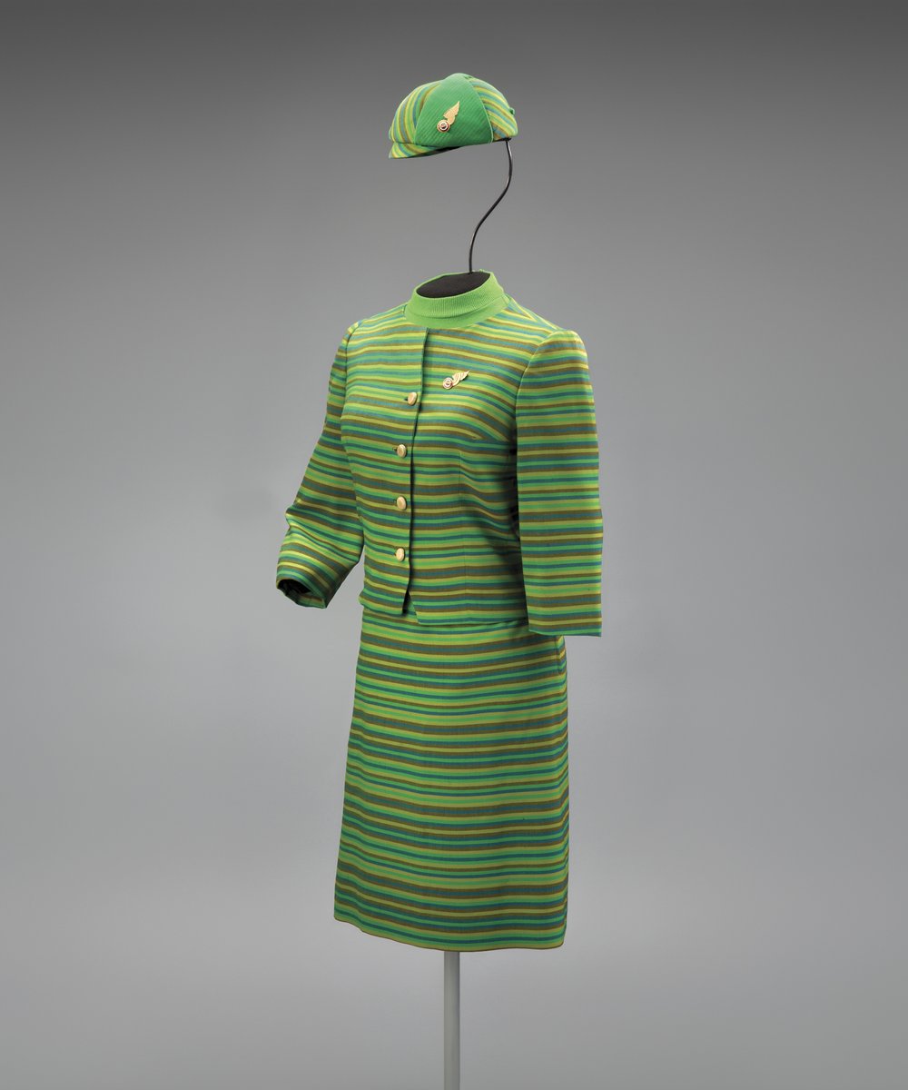 Mid-1960s airline fashion showcased bright and colorful, patterned fabrics for the first time in the industry. In 1967, Starflite Uniforms created an ensemble patterned in bold stripes for Northwest Orient Airlines. #FlightPatterns