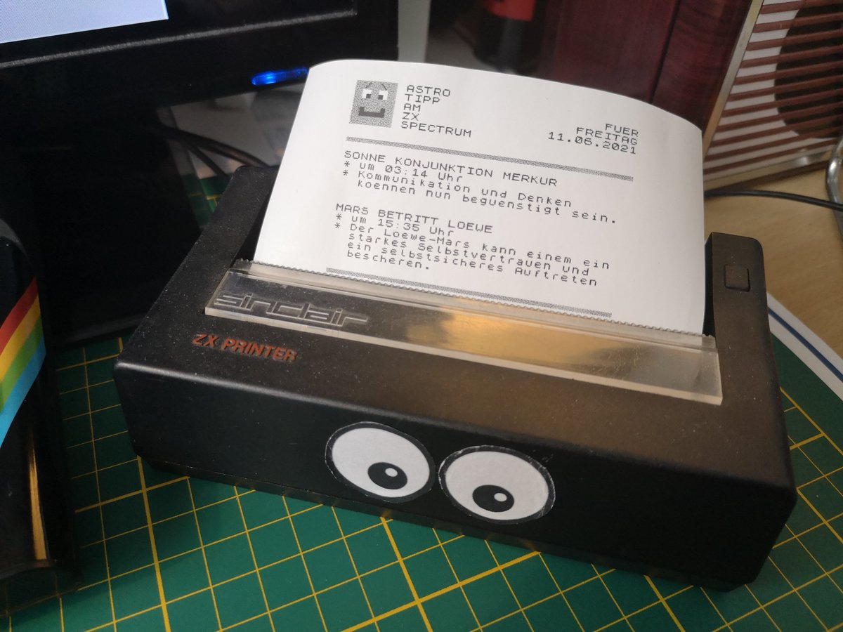 10 PRINT "Transite für Freitag, 11.06.2021" 
20 PRINT "* Sonne Konjunktion Merkur um 03:14 Uhr" 
30 PRINT "* Mars betritt Löwe um 15:35 Uhr" 
40 GOTO bit.ly/2TX1VLw
50 GOTO bit.ly/3xbGrJ4
60 REM #Astroschau #Astrologie #Horoskop #ZXSpectrum
70 END