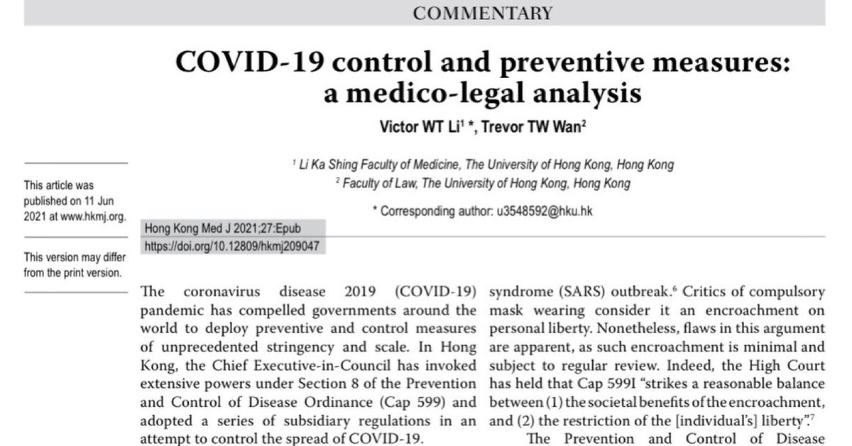 victorliwaitak's tweet photo. Read my most recent commentary on the medico-legal discussion on some COVID-19 prevention measure, written with Mr Trevor Wan from the Faculty of Law, the University of Hong Kong.

https://t.co/hrHRGZw535

@hkumed @HkuLaw https://t.co/b2Wevs6OlA