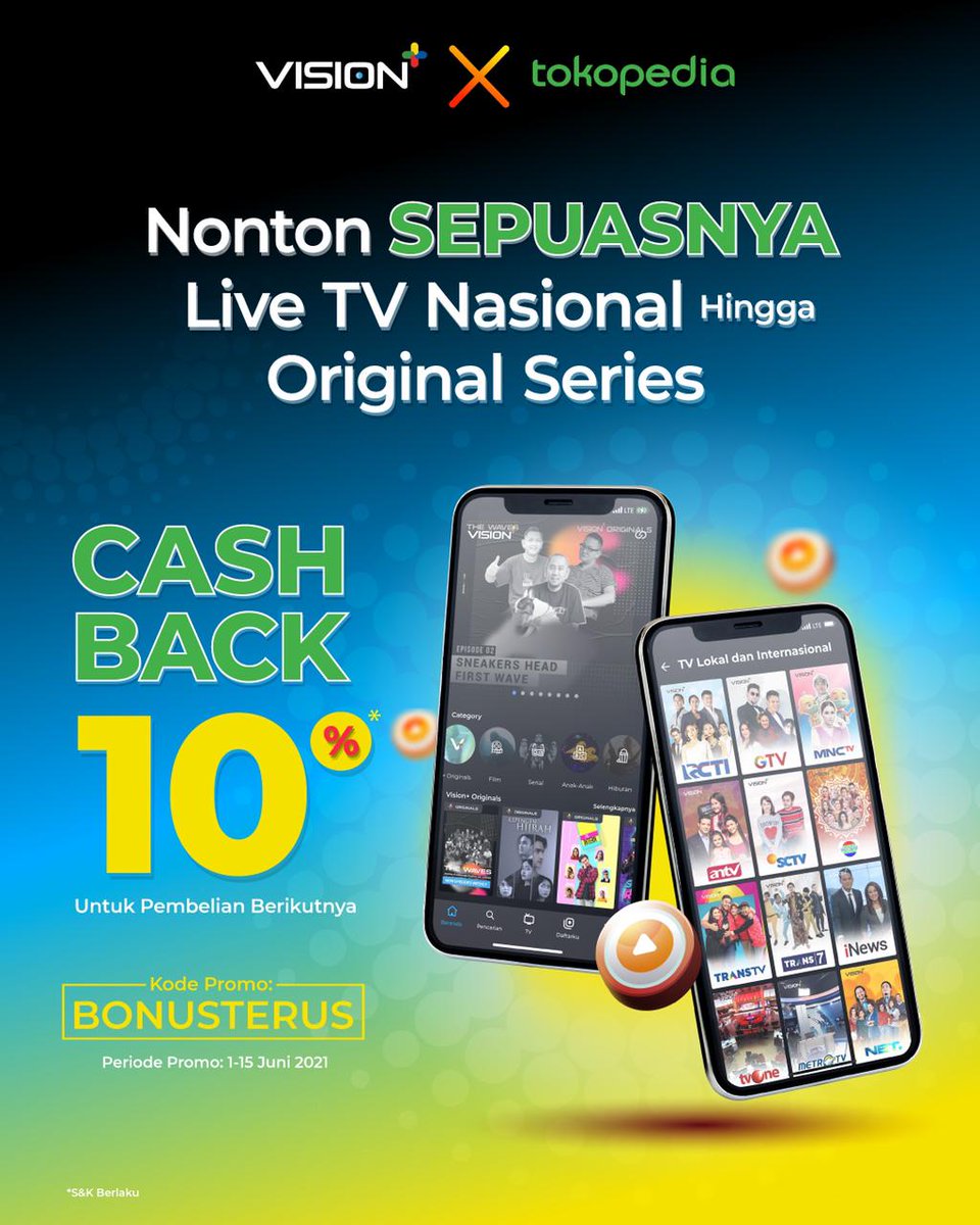 SINDOnews's tweet photo. Dapatkan banyak bonus kalau kamu berlangganan @visionplusid melalui @tokopedia
Caranya gampang banget! Gunakan kode promo ‘BONUSTERUS’ saat checkout di halaman pembayaran @tokopedia dan kamu akan mendapatkan cashback 10% up to 5rb.
#VisionplusXTokopedia https://t.co/0eo2HONyz6