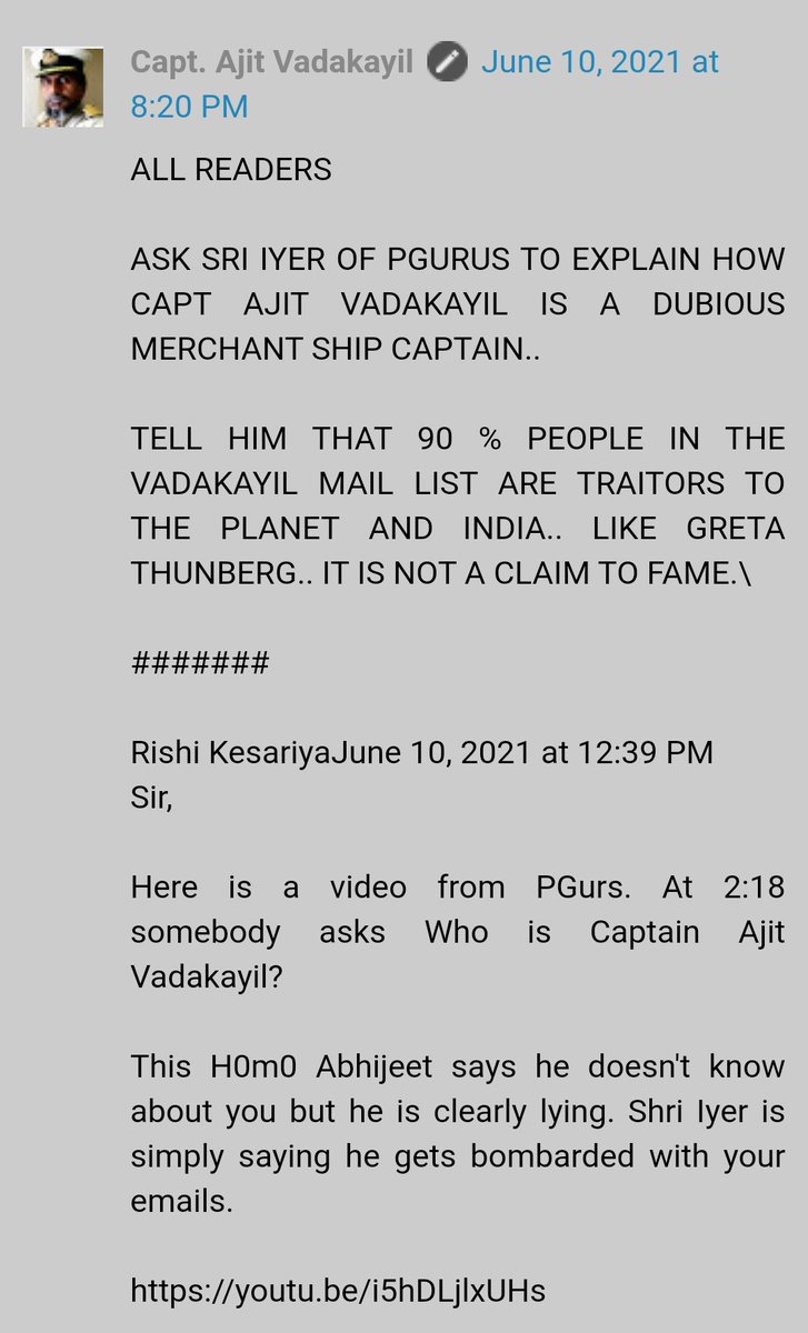 Kamalam108's tweet photo. @SreeIyer1 On what basis you have told in the YouTube video about Captain Ajit Vadakayil as dubious. He is world's No #1blogger with billions of profile view.Captain was in command of chemical tankers for more than 6640 days , spread over 30 years which is a world record. https://t.co/wMVBUnSJ9z
